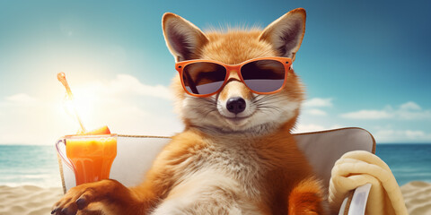 Realistic photo style picture of a fox at the besch in the sand with a cocktal and wesr a sunglasses in the sunshine for comercial photo or social media post