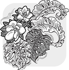 Beautiful tropical plants and flowers collection, decorative vector elements composition for invitation design, wedding arrangement. cover deco. Hand drawn illustration, romantic holiday vacation.