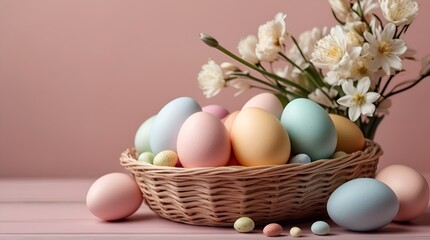 Basket with colorful Easter eggs and blooming flowers on the table on pink background, copy space.