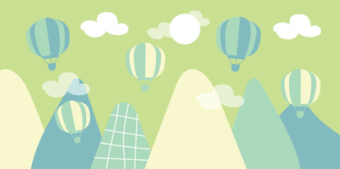 Mountains, balloons and clouds with Doodle style, Vector hand drawn childish wallpaper with  Modern 3D wallpaper for the children's room. © fraha6
