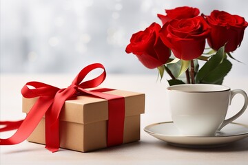Valentines Day gifts with red ribbon, bright red roses and a cup of coffee on a light background