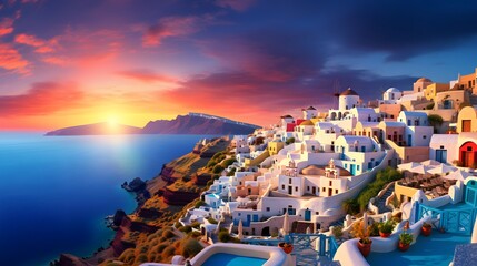 Santorini, Greece - Oia at sunset, panorama - obrazy, fototapety, plakaty