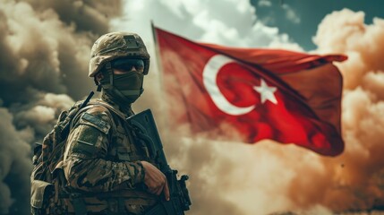 Turkish soldier, Turkish flag and war concept