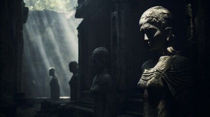 Fototapeta na wymiar Ancient Guardian, if statues could talk, they'd plea for preservation. Soft sunlight filtering through ancient ruins. - Generative AI