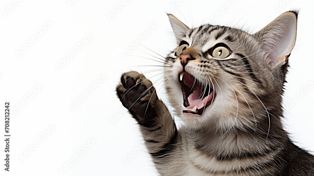 Poster friendly cat giving high five, isolated on white background with copy space for text placement