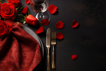 Valentine's Day Romantic Dinner Copy Space, A Valentine's Day Dinner Setting, Radiating Romance with Lush Blooms