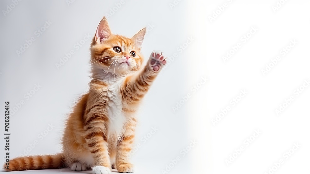 Poster playful cat giving high five, isolated on white background with copy space for text placement