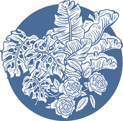 Beautiful tropical plants and flowers collection, decorative vector elements composition for invitation design, wedding arrangement. cover deco. Hand drawn illustration, romantic holiday vacation.