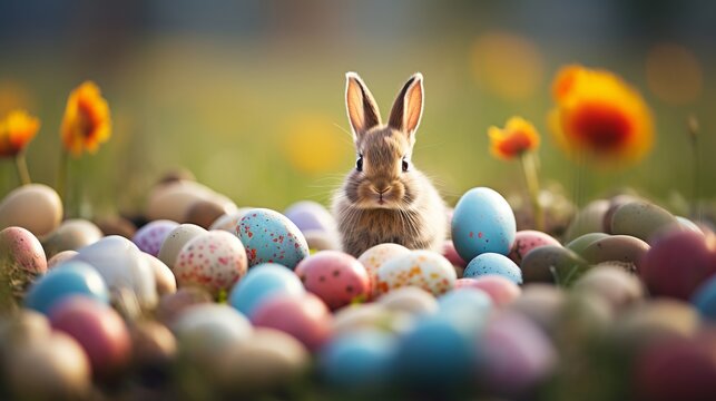 Adorable bunny with easter eggs in flowery meadow, bright spring image with copy space