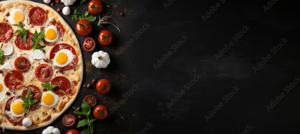 Aufkleber delicious pizza on black stone background with top view ingredients and empty space for text