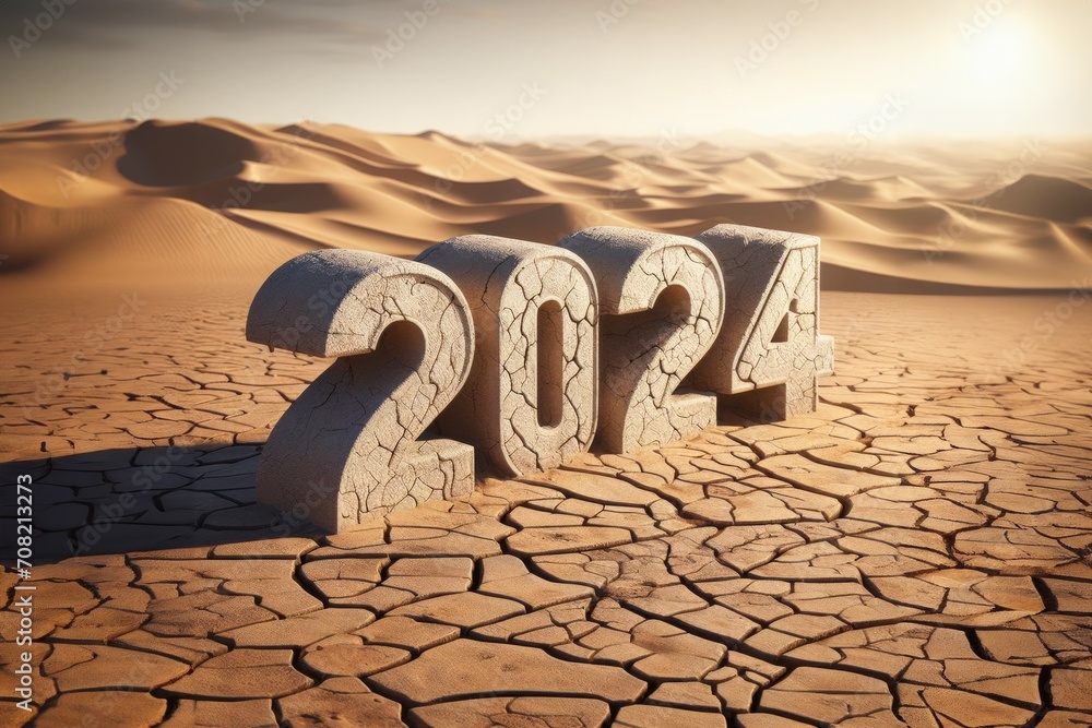 Poster numbers 2024 in the desert, concept of the hottest summer. background with selective focus and copy 