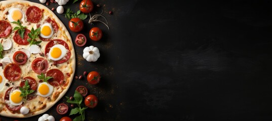 Delicious pizza on black stone background with top view   ingredients and empty space for text