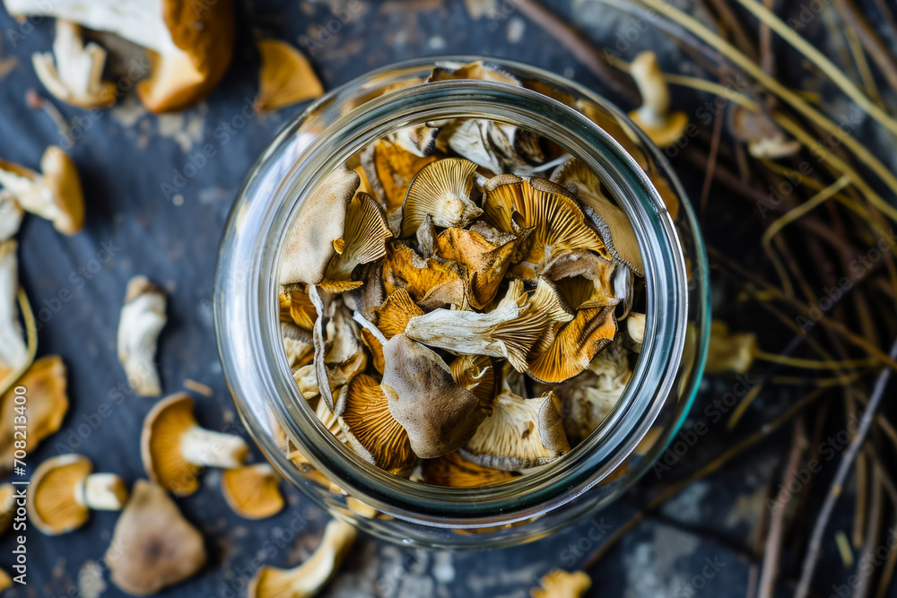 Poster jar for storing dried mushrooms. background with selective focus and copy space