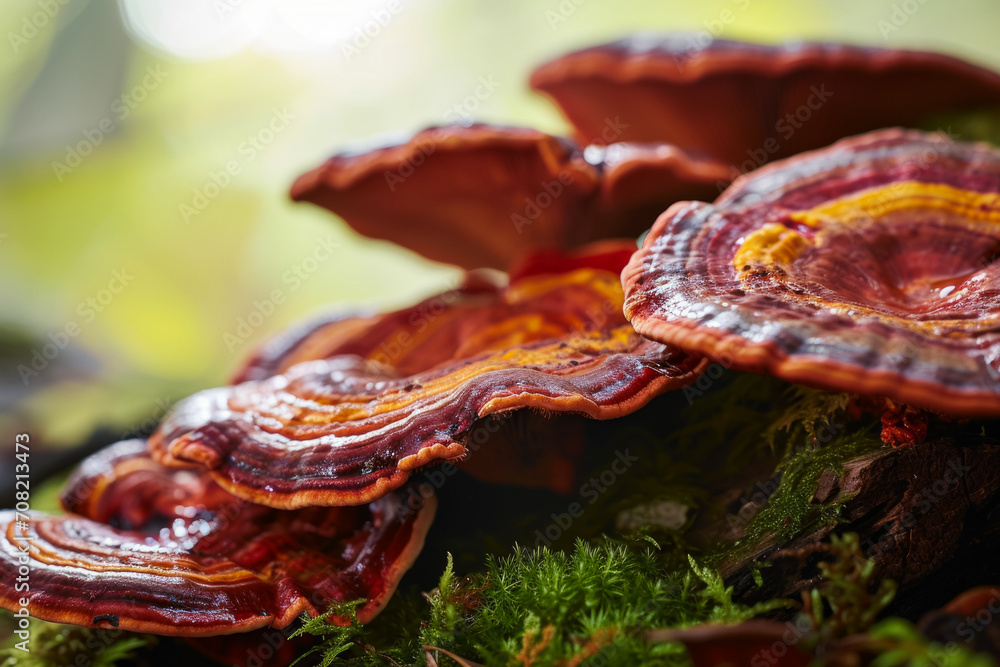 Poster flat mushrooms. background with selective focus and copy space