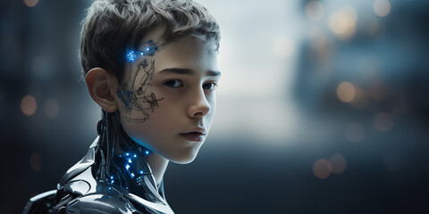 Portrait about a human like android kid with young boy face but cables and electronic body  technology in the future 