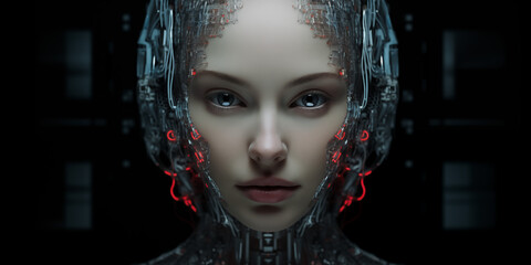 Portrait about a human like android woman with young woman face but cables and electronic body  technology in the future 