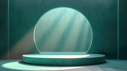 Podium in the green background. Studio podium for product advertising. Stage stand. Blank podium. Display platform