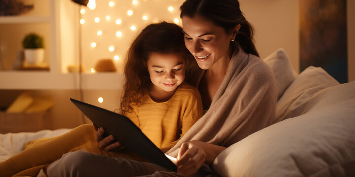 Young mom and her daugther using a tablet together at a scandinavian bedroom 