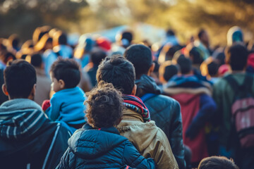 A crowd of refugees crosses the border. Background with selective focus and copy space