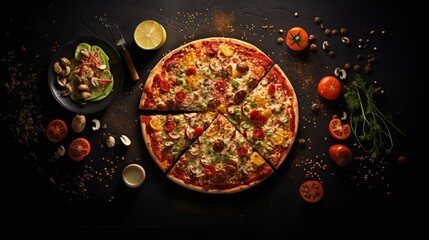 Savory pizza on black stone, top view with fresh ingredients, empty space for text on left side