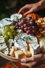 Woman hands holding a tray with camembert cheese and brie served with grapes