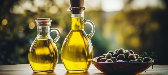 Organic homemade olive oil bottle on blurred defocused background with copy space for text placement - obrazy, fototapety, plakaty