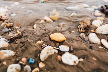 Natural colorful sea stones, rocks on a sandy beach, seashore. Abstract summer holidays background. Ocean shore landscape, seascape. Nature marine.