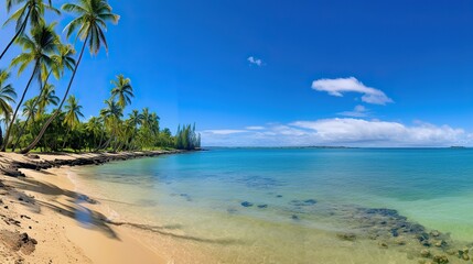 beach views with coconut trees, bright blue skies, stunning tropical beach views. Clear white sand beach on a summer day.