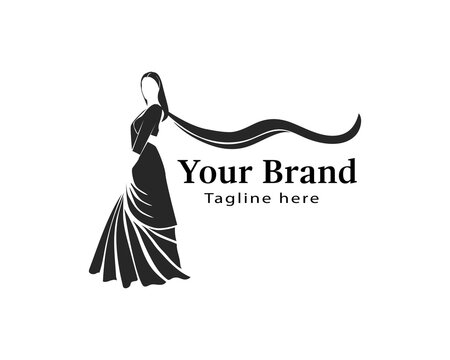 beauty and fashion logo design template, with beautiful indian woman wearing saree dress illustration