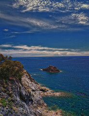 Obraz premium Cinque Terre Mediterranean Sea views along town hiking trail Italian Riviera coastline. Liguria, Italy, Europe. 2023 Summer. 