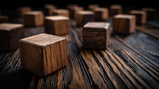 Set of small wooden blocks arranged in a row for text placement on a solid textured background