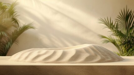 Podium in the beige sand background. Studio podium for product advertising. Stage stand. Blank podium. Display platform