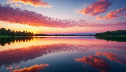 A vibrant sunset over a serene lake, with colorful reflections shimmering on the water. Generative AI