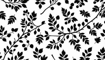 Black branches silhouettes, floral nature botanical elements. Isolated branch with leaf and berries. Flat vector decorative graphic. Generative AI - obrazy, fototapety, plakaty