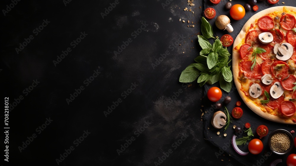 Poster delicious pizza on black stone with top view and ingredients empty space for text on left side