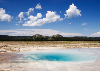 Steam rising from various geysers in the Upper Geyser Basin in Yellowstone National Park