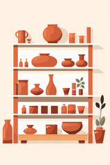 Decorative Ceramic Pottery Set: Ancient Vintage Jar and Vase Illustration on Modern Shelf