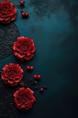 Frame made of red flowers on dark blue background with copy space. Floral chinese New Year decoration  in vintage style. Greeting card template for Wedding, Valentine, Mother's or Women's day