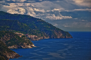Cinque Terre Mediterranean Sea views along town hiking trail Italian Riviera coastline. Liguria, Italy, Europe. 2023 Summer. 