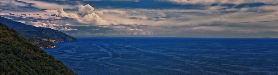 Cinque Terre Mediterranean Sea views along town hiking trail Italian Riviera coastline. Liguria, Italy, Europe. 2023 Summer. 