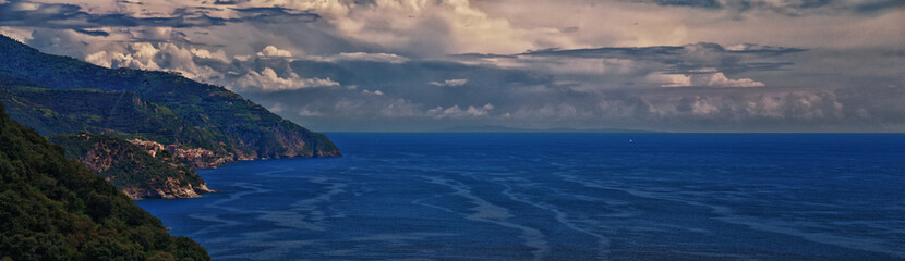Cinque Terre Mediterranean Sea views along town hiking trail Italian Riviera coastline. Liguria, Italy, Europe. 2023 Summer. 