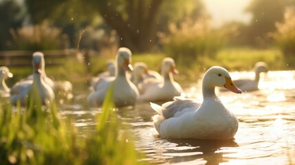 The tranquil beauty of a farm pond is enhanced by the graceful movements of a flock of ducks and geese, as they enjoy a leisurely swim. - Powered by Adobe