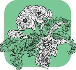 Beautiful tropical plants and flowers collection, decorative vector elements composition for invitation design, wedding arrangement. cover deco. Hand drawn illustration, romantic holiday vacation.