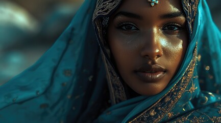 close-up portrait of a beautiful african american woman with blue eyes and black skin with eastern makeup dressed in veil and elegant clothes blue big earrings and jewelry on the black background