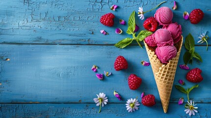 Innovative Delight - Raspberry Ice Cream Cone on Blue Wooden Background