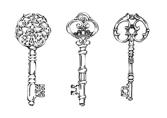 Set of hand-drawn illustrations of vintage keys, isolated on white background