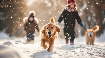 Happy family walking their pet golden retriever in the winter forest outdoors. Active autumn holidays - obrazy, fototapety, plakaty