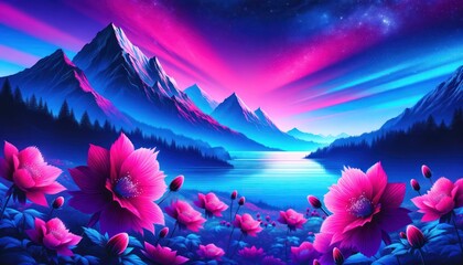 Fototapeta na wymiar Fantasy landscape with mountains, lake and pink flowers.Illustration 