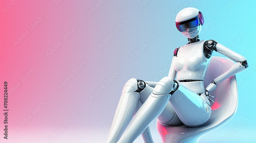 Poster artificial intelligence female robot with empty space for text on gradient magical background
