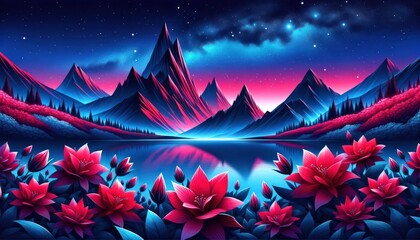 Night landscape with mountains and flowers in the water. Illustration.